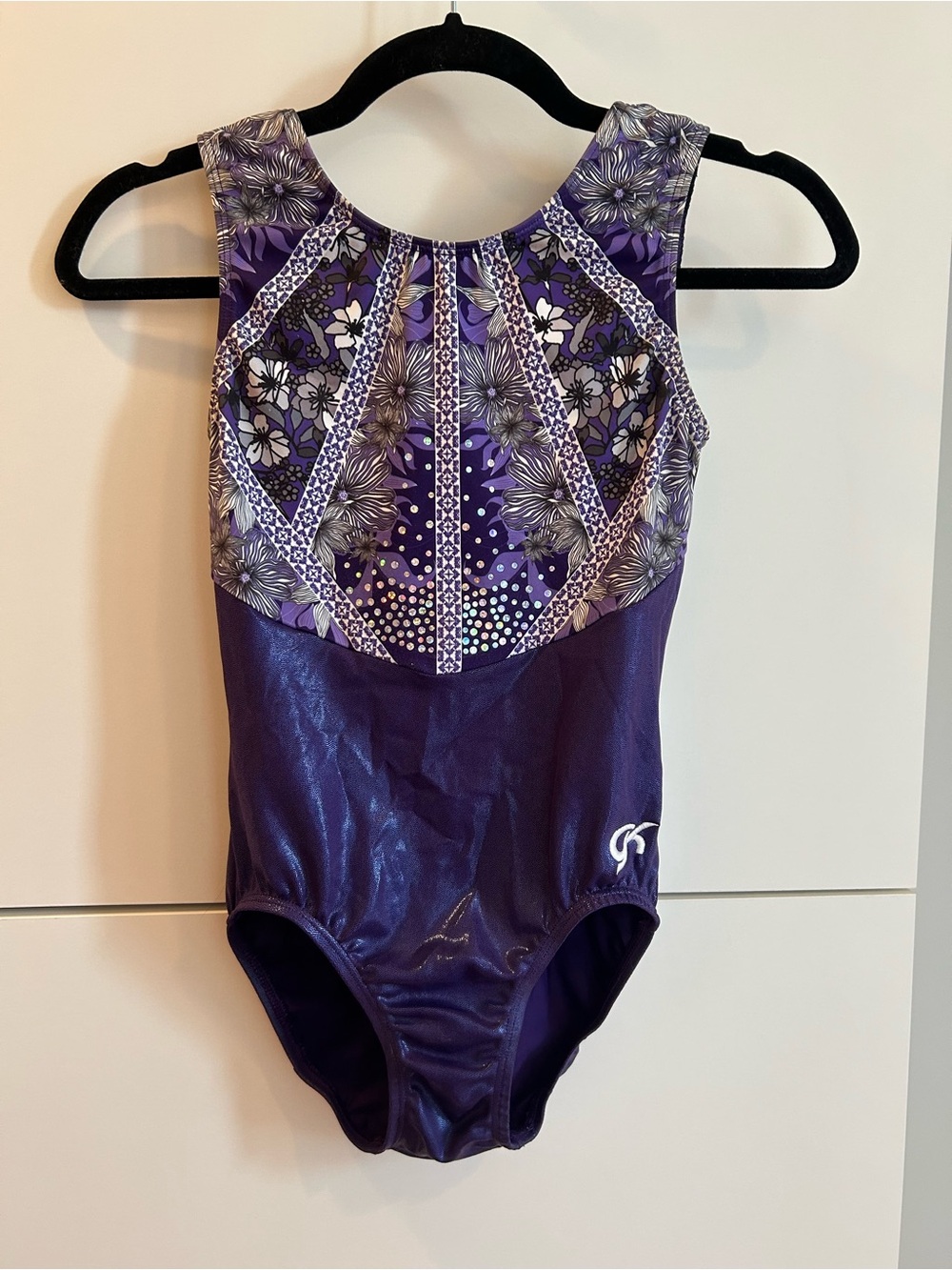GK Purple Floral Pattern Gymnastics Leotard with Sparkle Design - Size AS